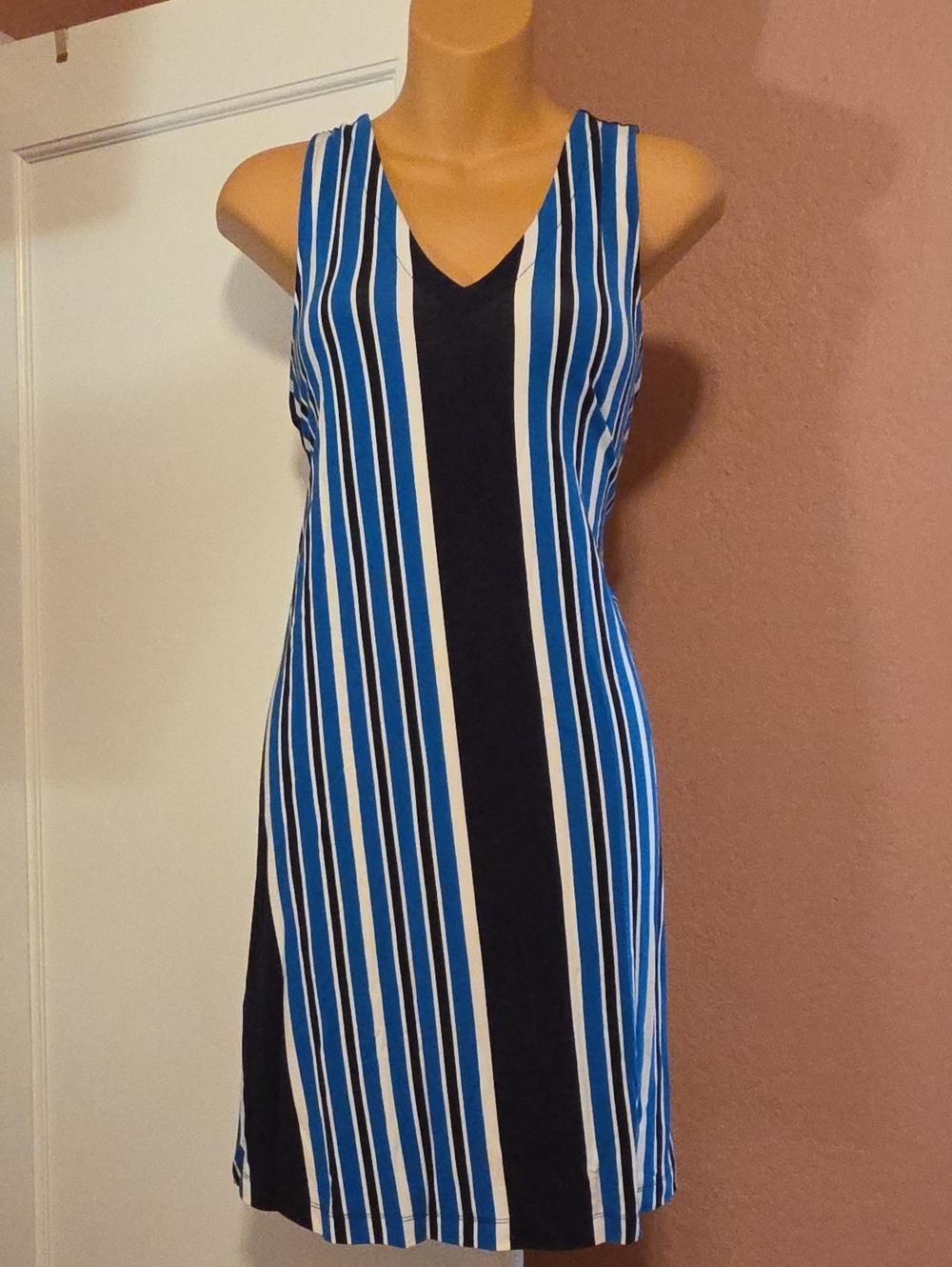 LOFT Blue, Black & White Striped V-Neck Dress